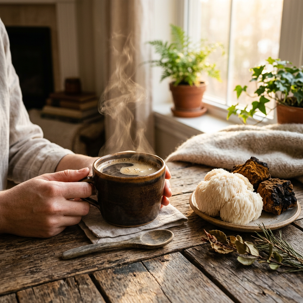 Steaming cup of Mushroom Coffee with Lion's Mane and Chaga mushrooms